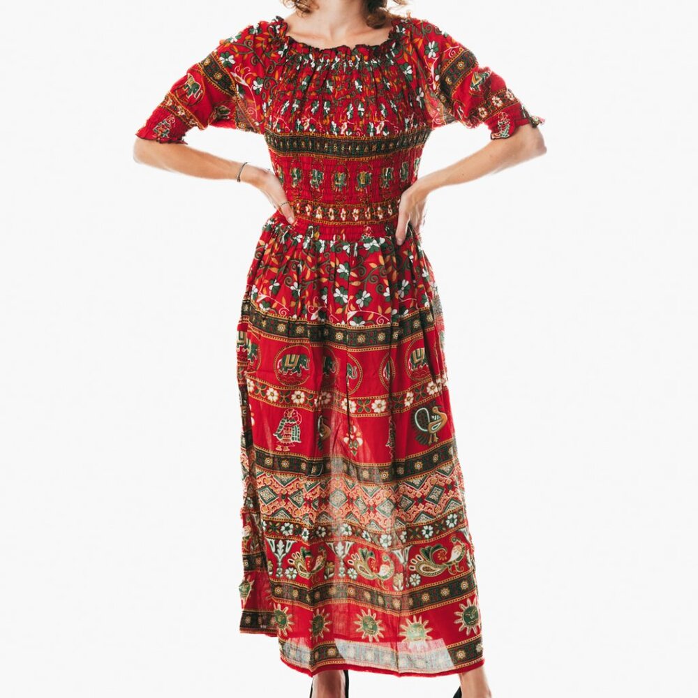 Red peasant maxi dress short sleeve off shoulder boho summer floral tie dye